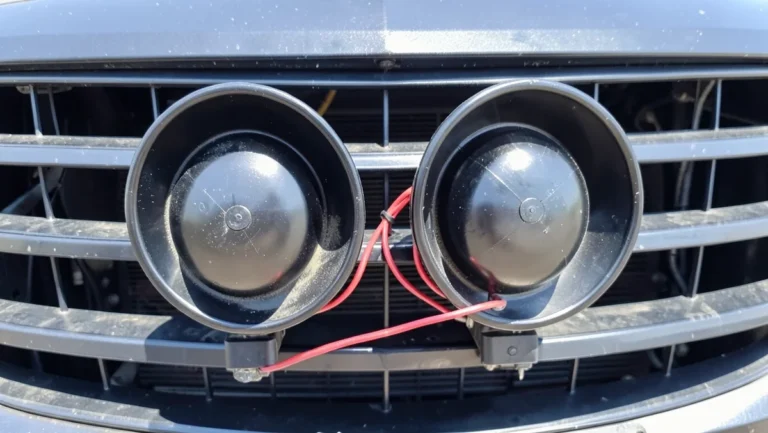 Pair of round electric snail-shell car horns mounted behind the front grille of a car