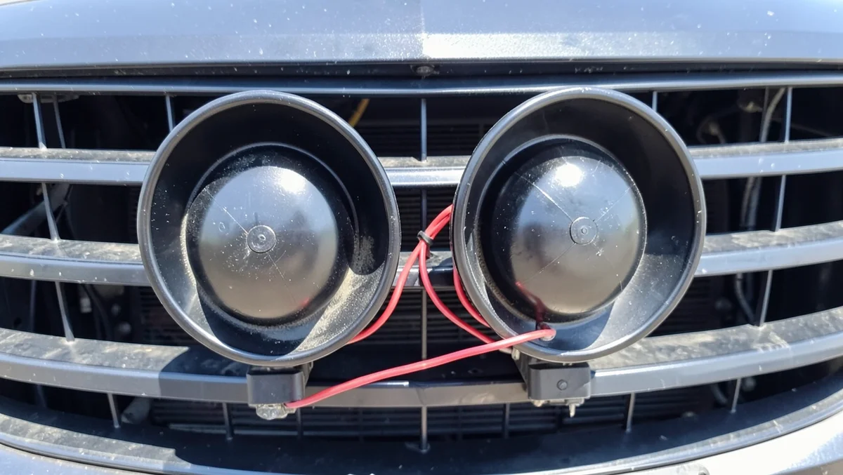 Pair of round electric snail-shell car horns mounted behind the front grille of a car