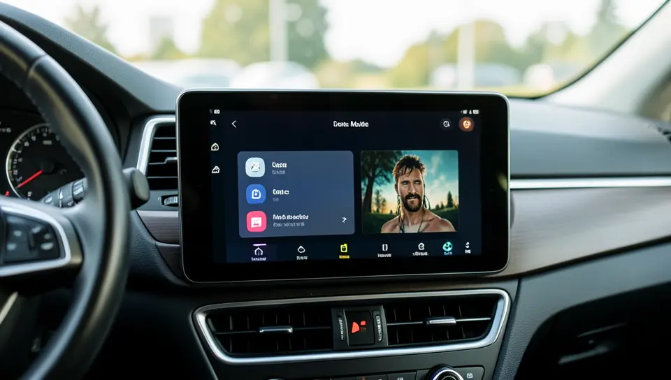 Car dashboard touchscreen showing a simplified driving-mode music player layout