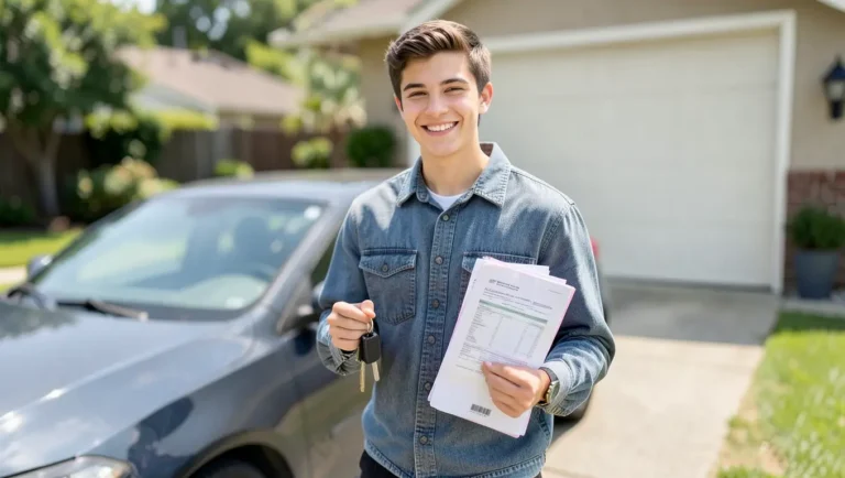 Young 18-year-old driver holding car keys and insurance paperwork next to a car