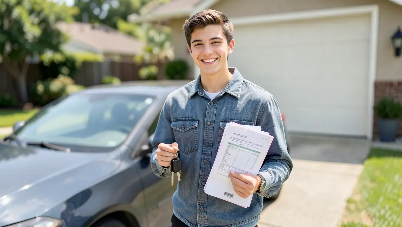 Young 18-year-old driver holding car keys and insurance paperwork next to a car