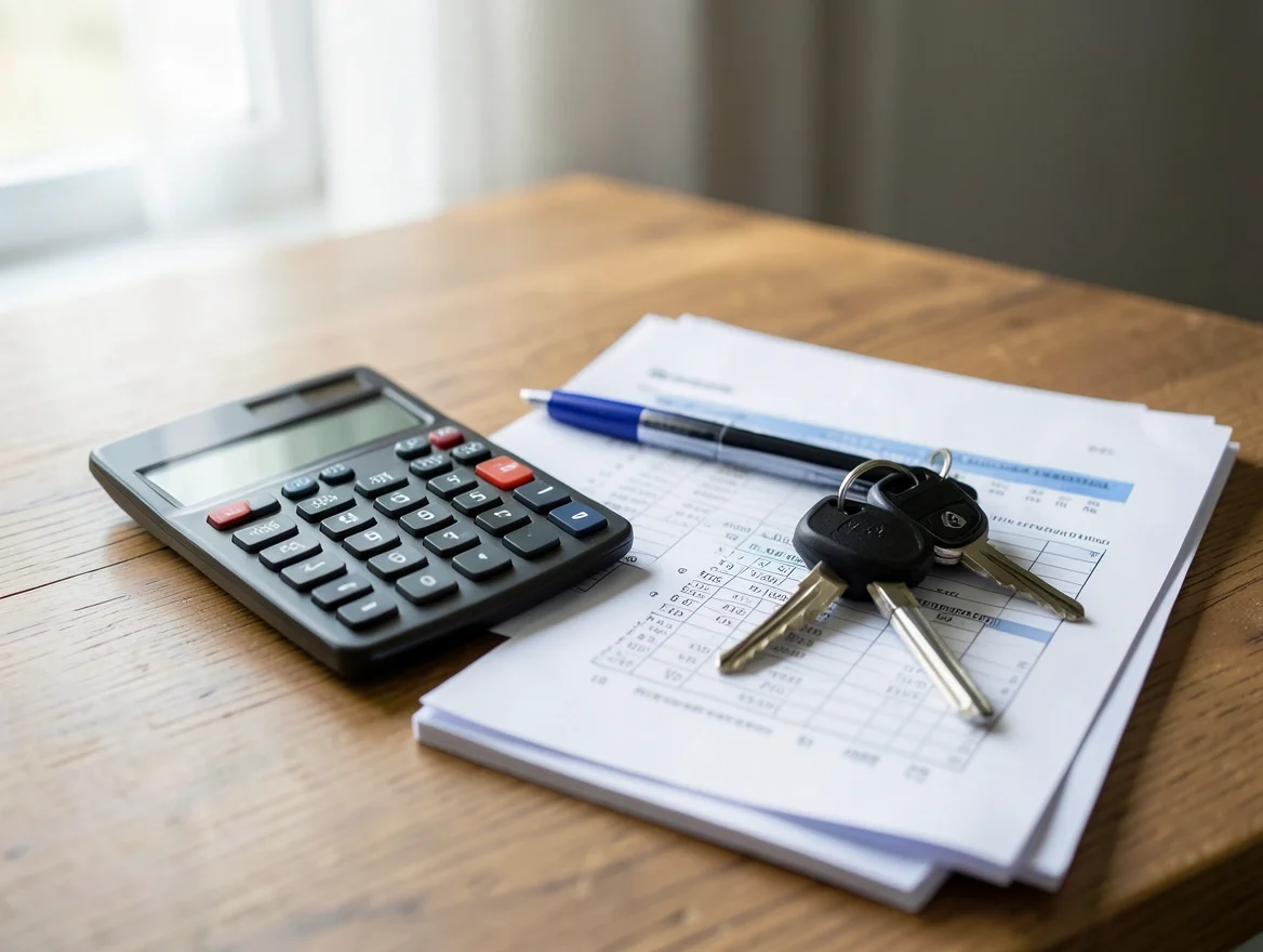 Calculator, pen, car keys, and insurance paperwork laid out on a desk