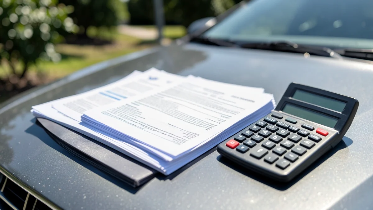 Stack of printed insurance policy documents and a calculator resting on a car hood