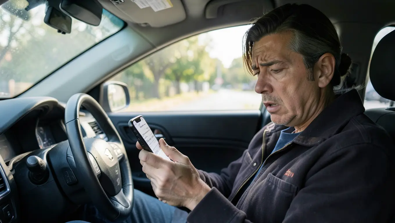 A worried driver looking at a past-due car insurance payment notice on their phone
