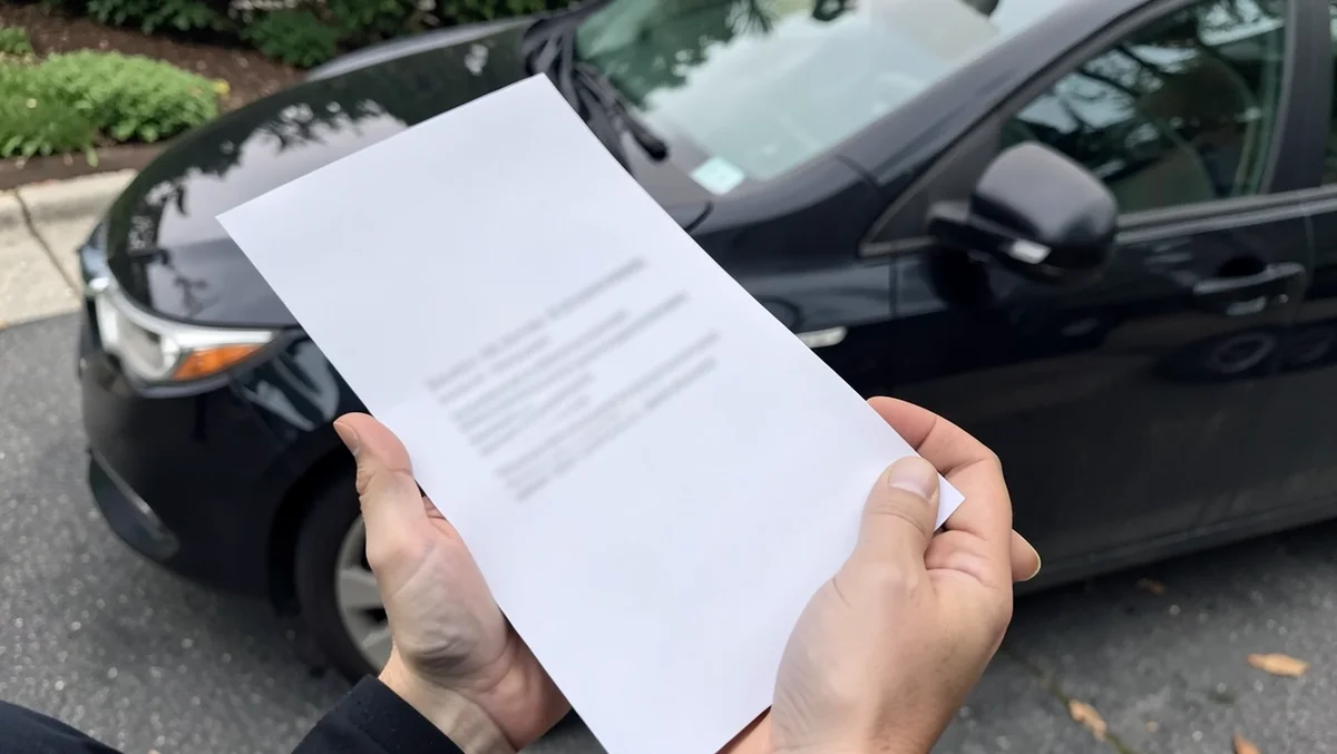 Driver holding a car insurance policy document next to a parked car