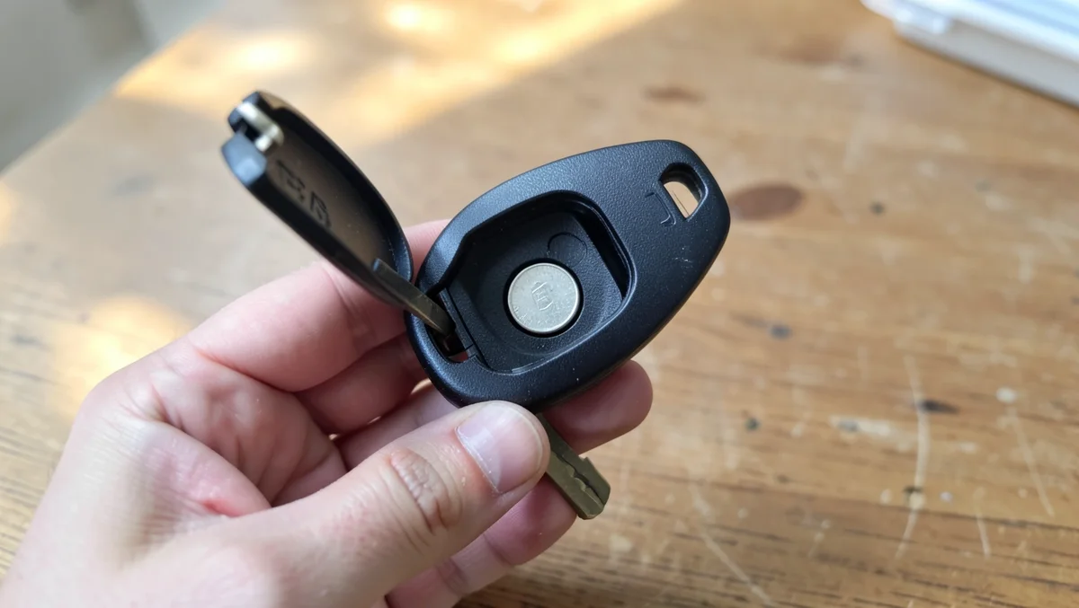 Open car key fob remote showing the coin battery compartment