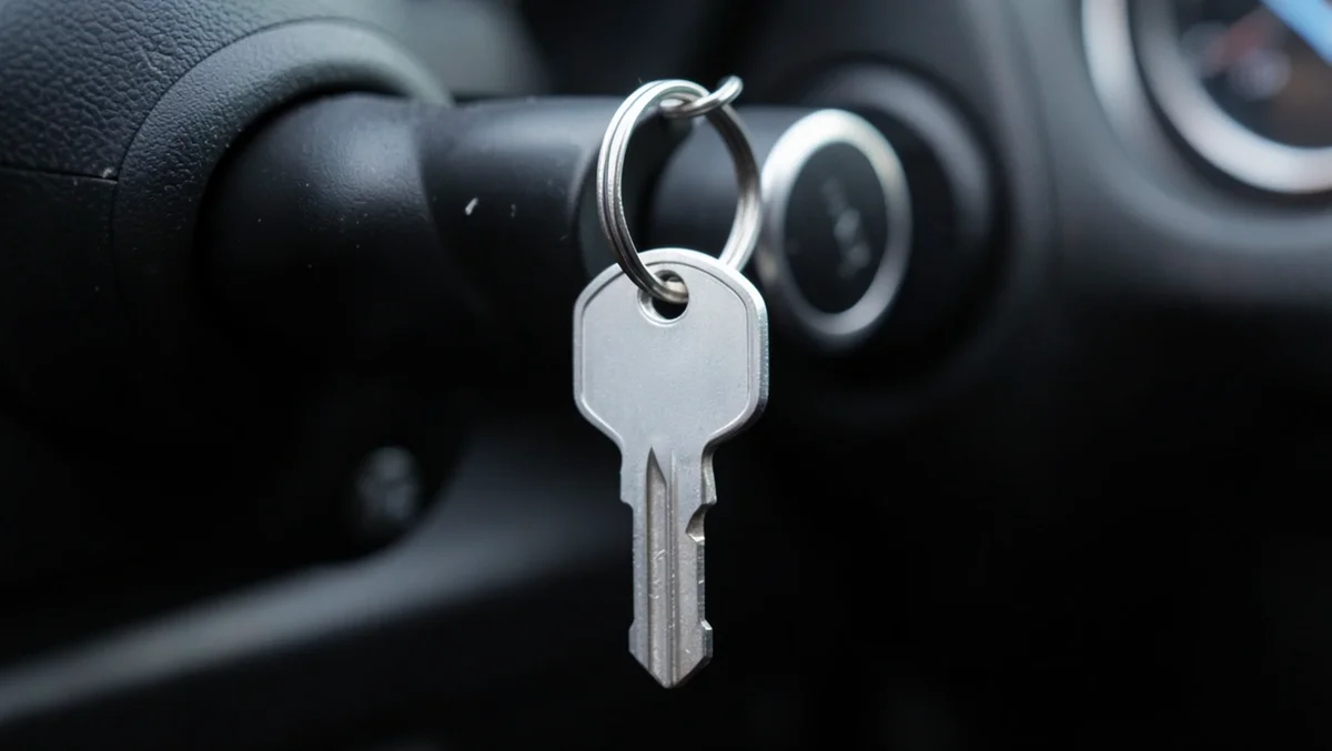 Car key hanging from the ignition cylinder on the steering column, the point where the steering wheel lock engages