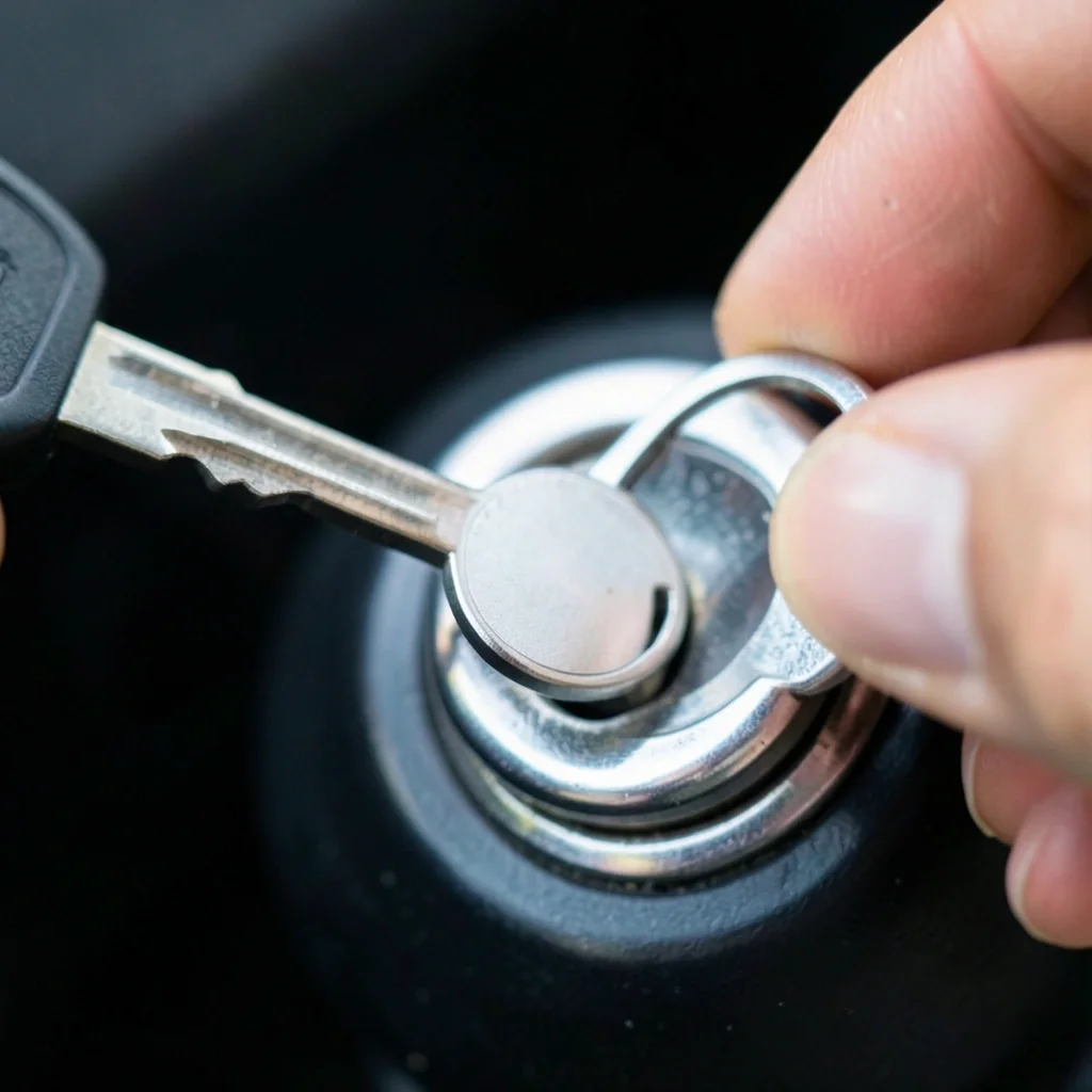 Hand inserting a car key into the ignition cylinder to release a locked steering wheel