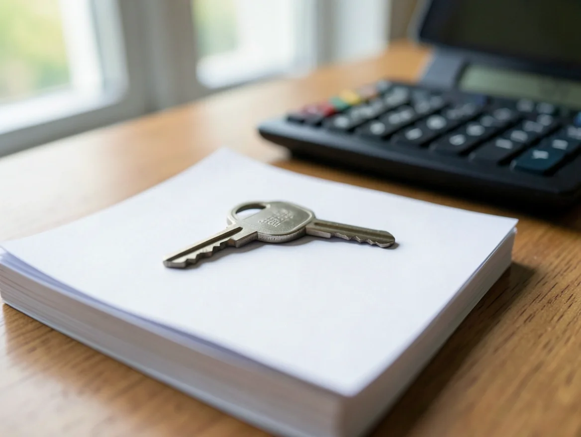 A car key resting on paperwork next to a calculator, representing insurance and budget planning