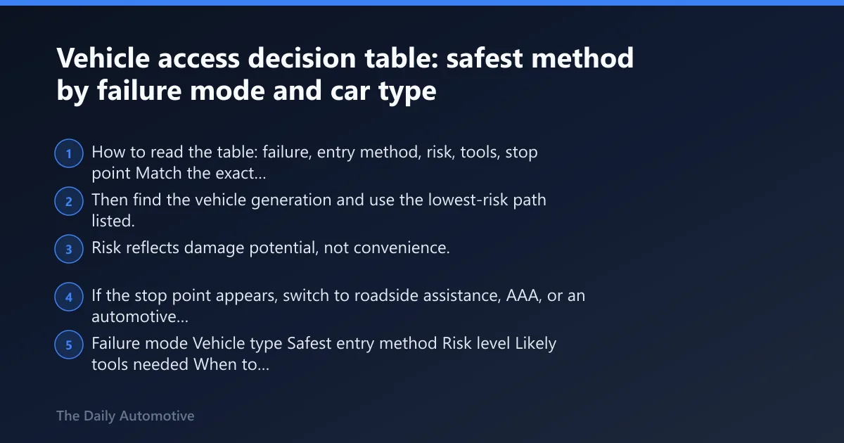 Steps: Vehicle access decision table: safest method by failure mode and car type