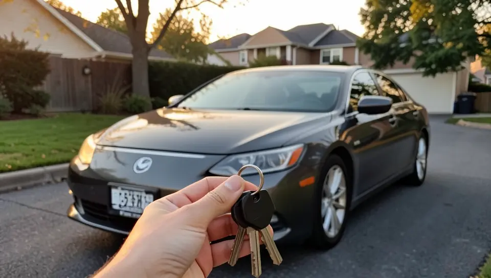 Hand holding car keys in front of a sedan parked in a driveway