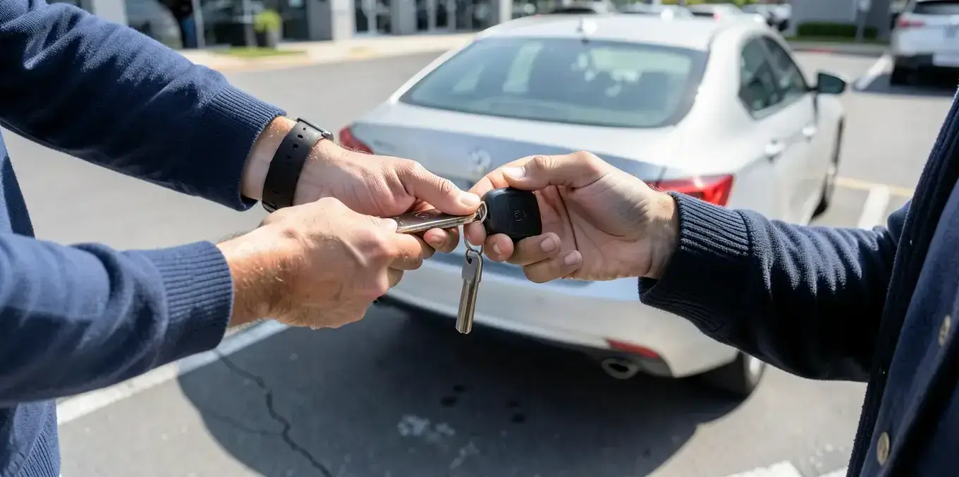 Person handing over a car key to end a lease early at a dealership parking lot