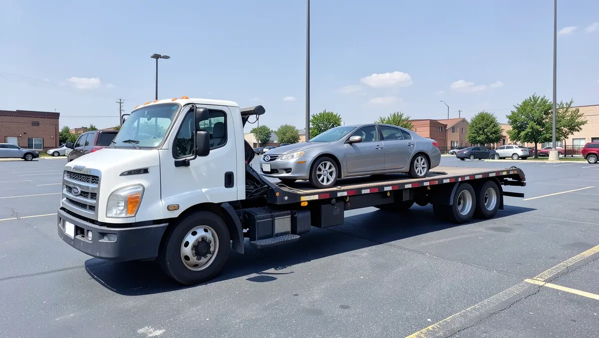 Car being loaded onto a flatbed tow truck