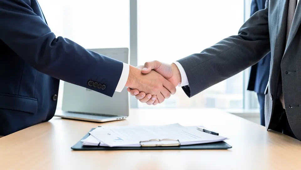 Two people shaking hands over a signed car loan agreement