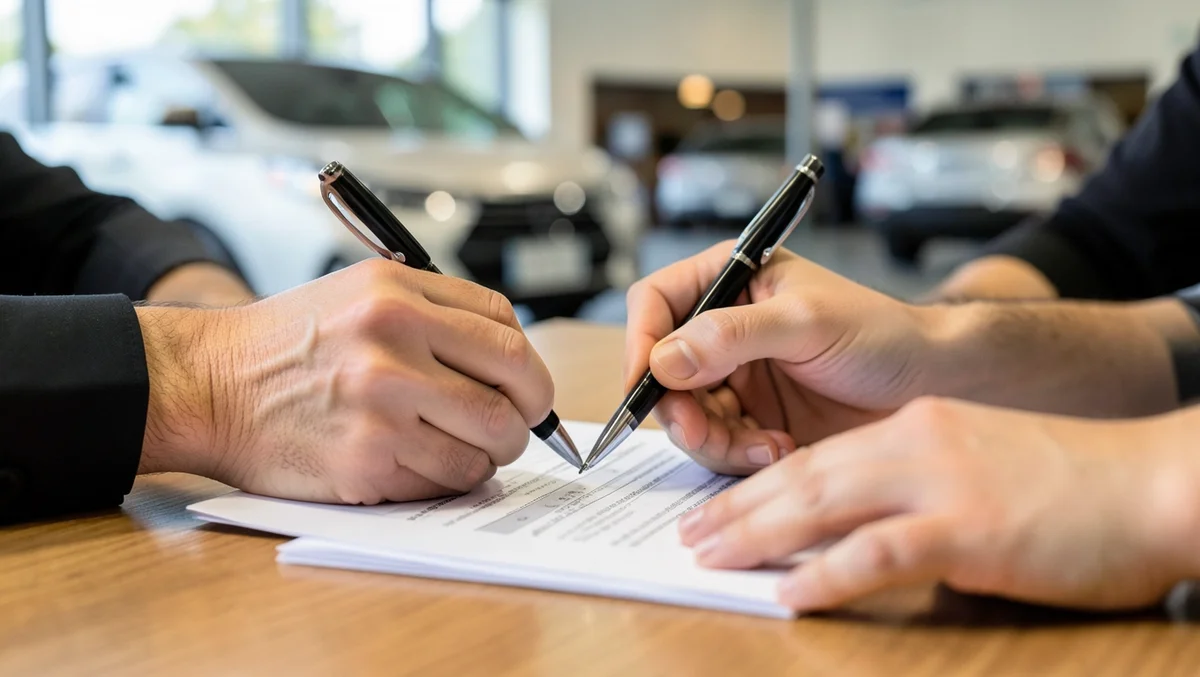 Two people signing a car loan contract together at a dealership desk