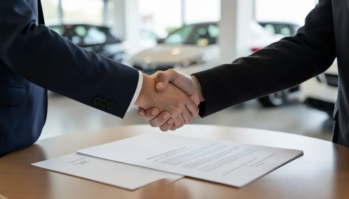Two people shake hands over a car loan contract at a dealership counter after the deal is approved
