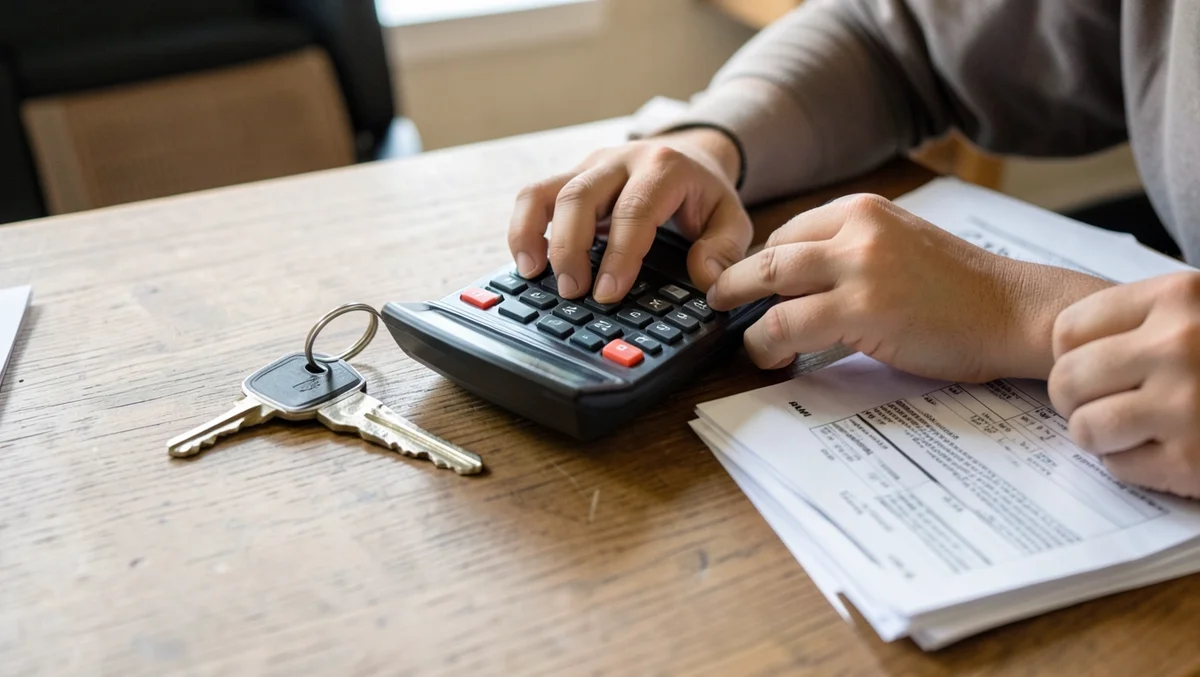Hands using a calculator next to car keys and loan paperwork to work out an auto loan interest rate