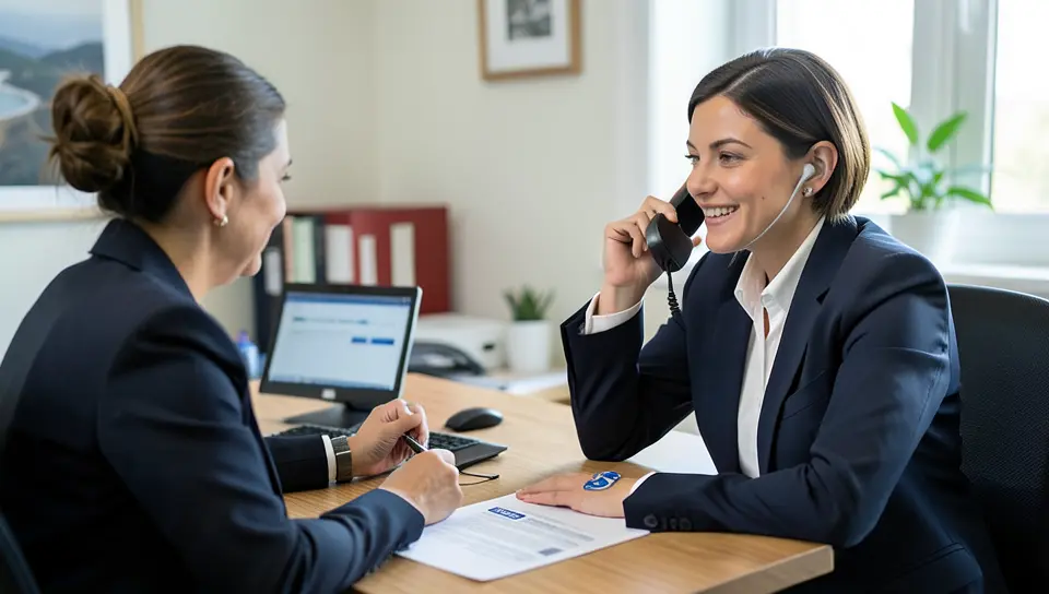Two people at a desk reviewing a car loan document while one is on a phone call with the lender