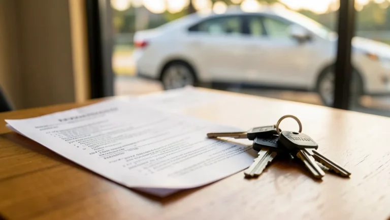 Car loan paperwork and a set of car keys on a desk with a financed car parked outside