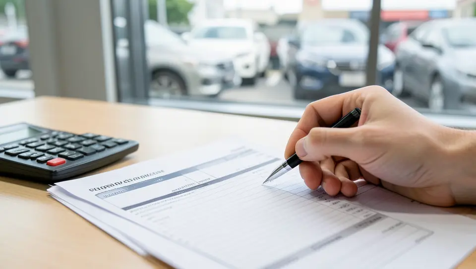 Hand signing car loan paperwork next to a calculator at a dealership