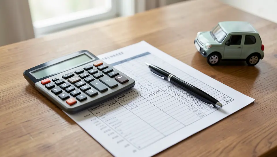 Calculator and printed loan payment schedule on a desk next to a toy model car