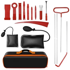 17-piece stainless steel car lockout kit with air wedge, long-reach J-hook rod, and trim tools in a carry bag