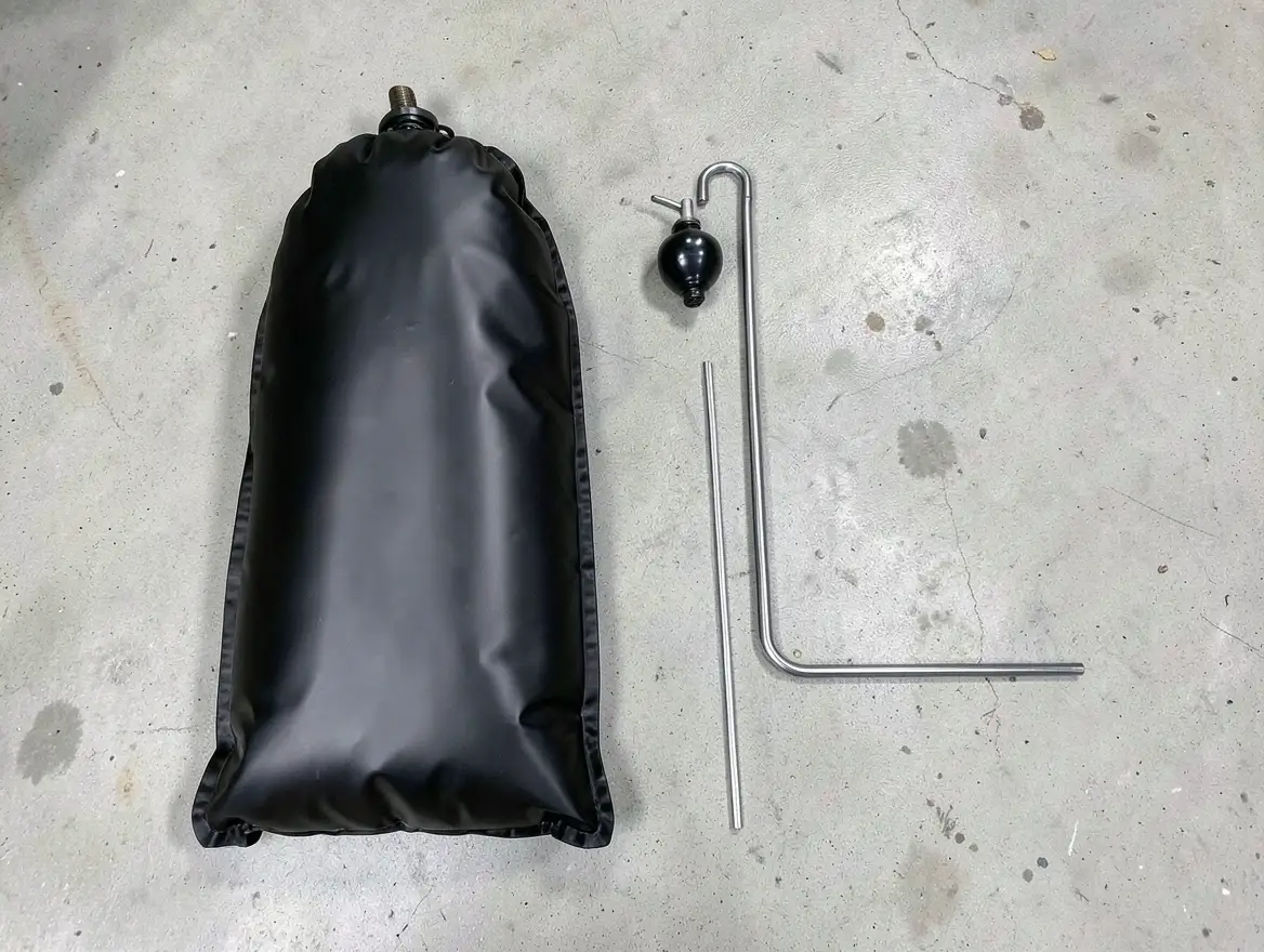 Inflatable air wedge bag, hand pump, and long-reach metal hook rod laid out on a garage floor