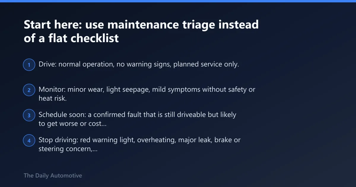 Steps: Start here: use maintenance triage instead of a flat checklist