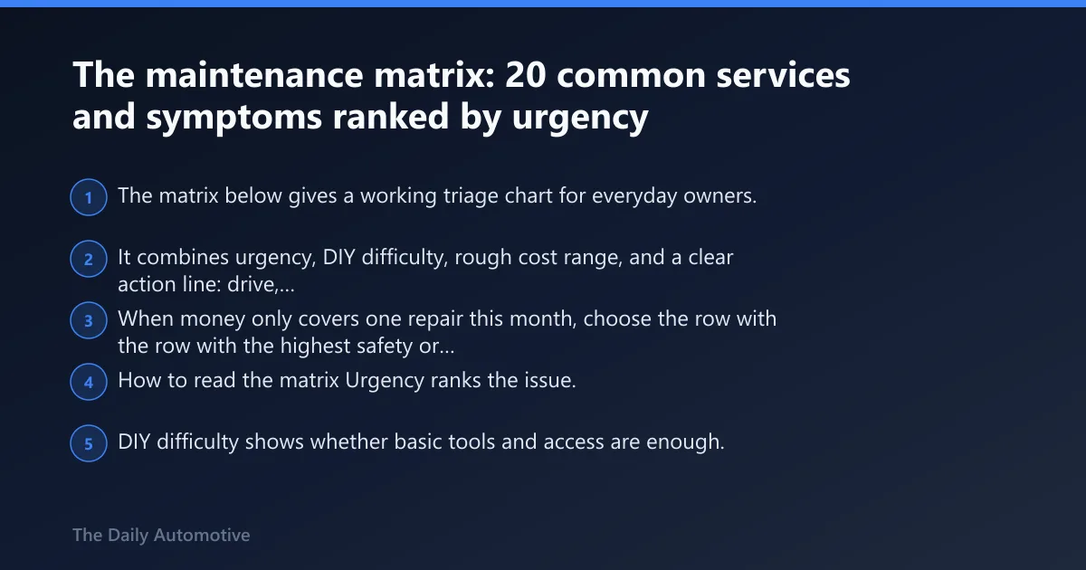 Steps: The maintenance matrix: 20 common services and symptoms ranked by urgency