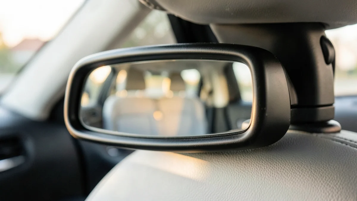 Black-framed baby car mirror mounted on a car headrest for viewing a rear-facing car seat