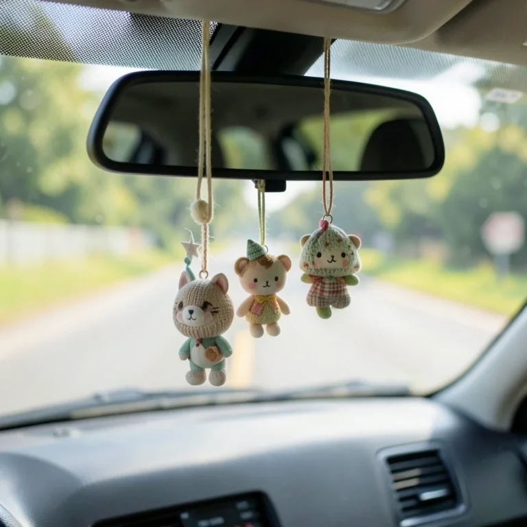 Several cute mirror hanging ornaments and charms dangling from a car rearview mirror