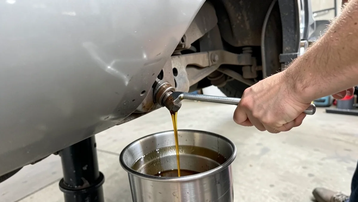 Mechanic loosening the oil drain plug with a wrench to drain excess oil into a pan