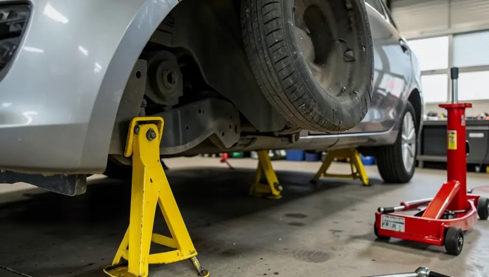 Car supported on yellow jack stands with a red floor jack nearby