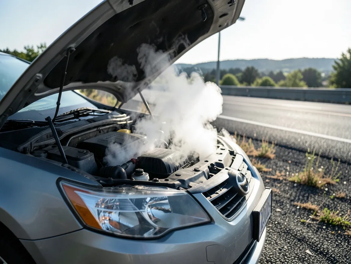 Car pulled over on the highway shoulder with white steam rising from under the hood from an overheating engine