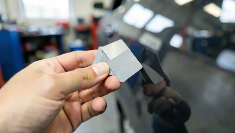 Hand holding metal paint swatch chips up against a car body panel to compare the color match after locating the paint code