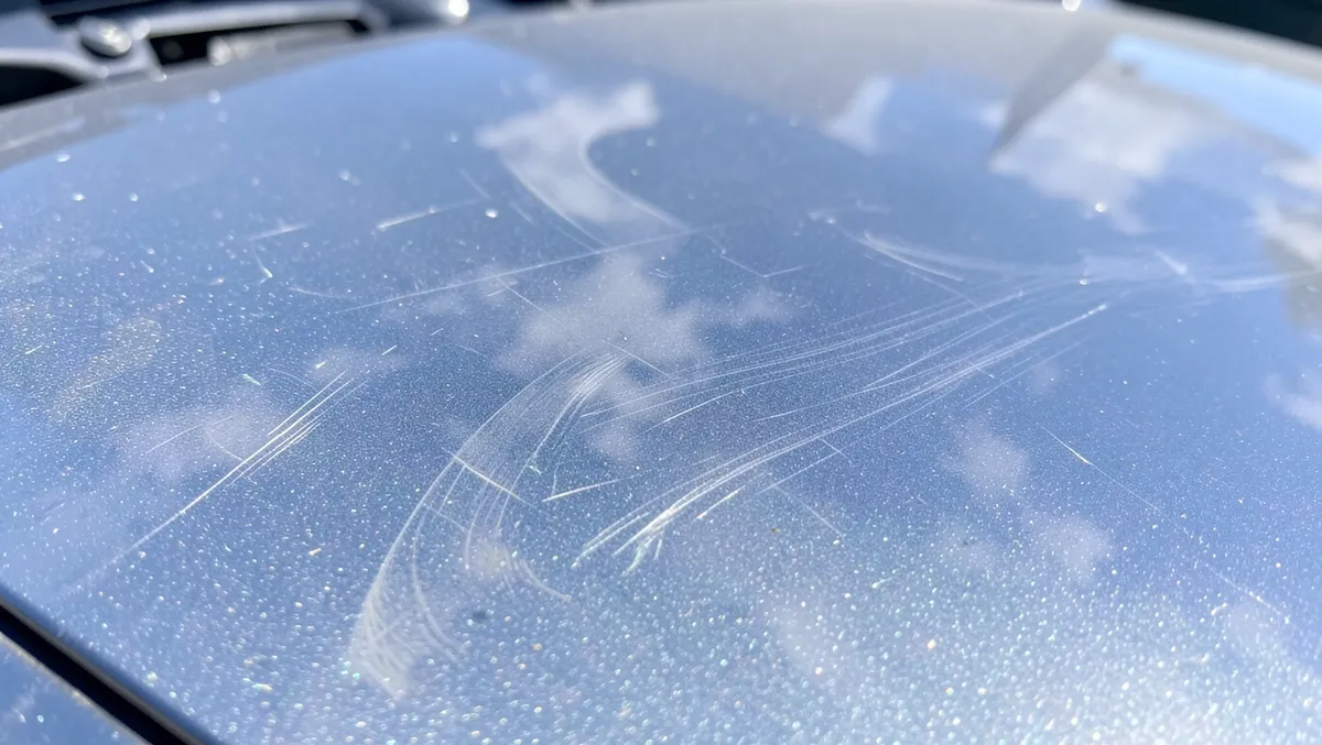 Close-up of fine swirl marks and light scratches on a car hood paint surface