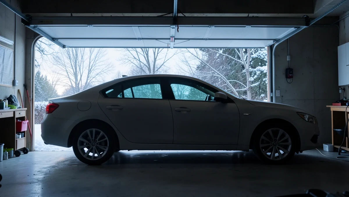 A car parked in a home garage with the door fully open for safe ventilation in winter