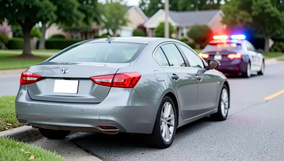 A car pulled over by a police patrol car on a suburban street