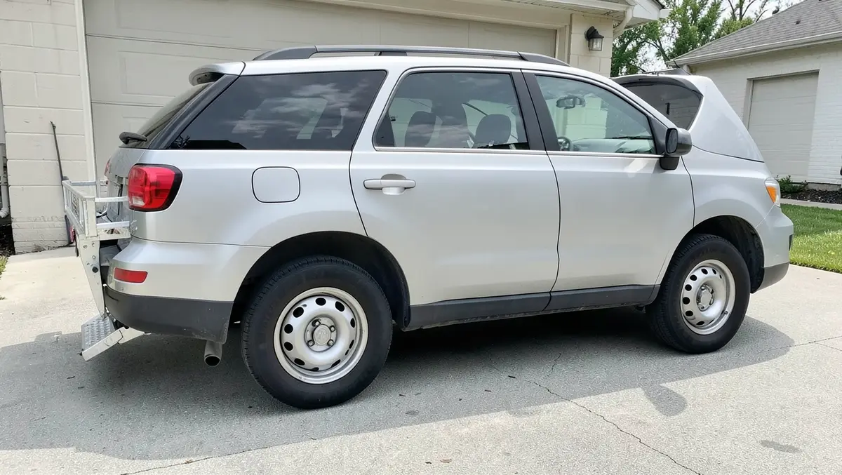 Folding wheelchair and mobility scooter carrier mounted on an SUV hitch receiver with the ramp lowered