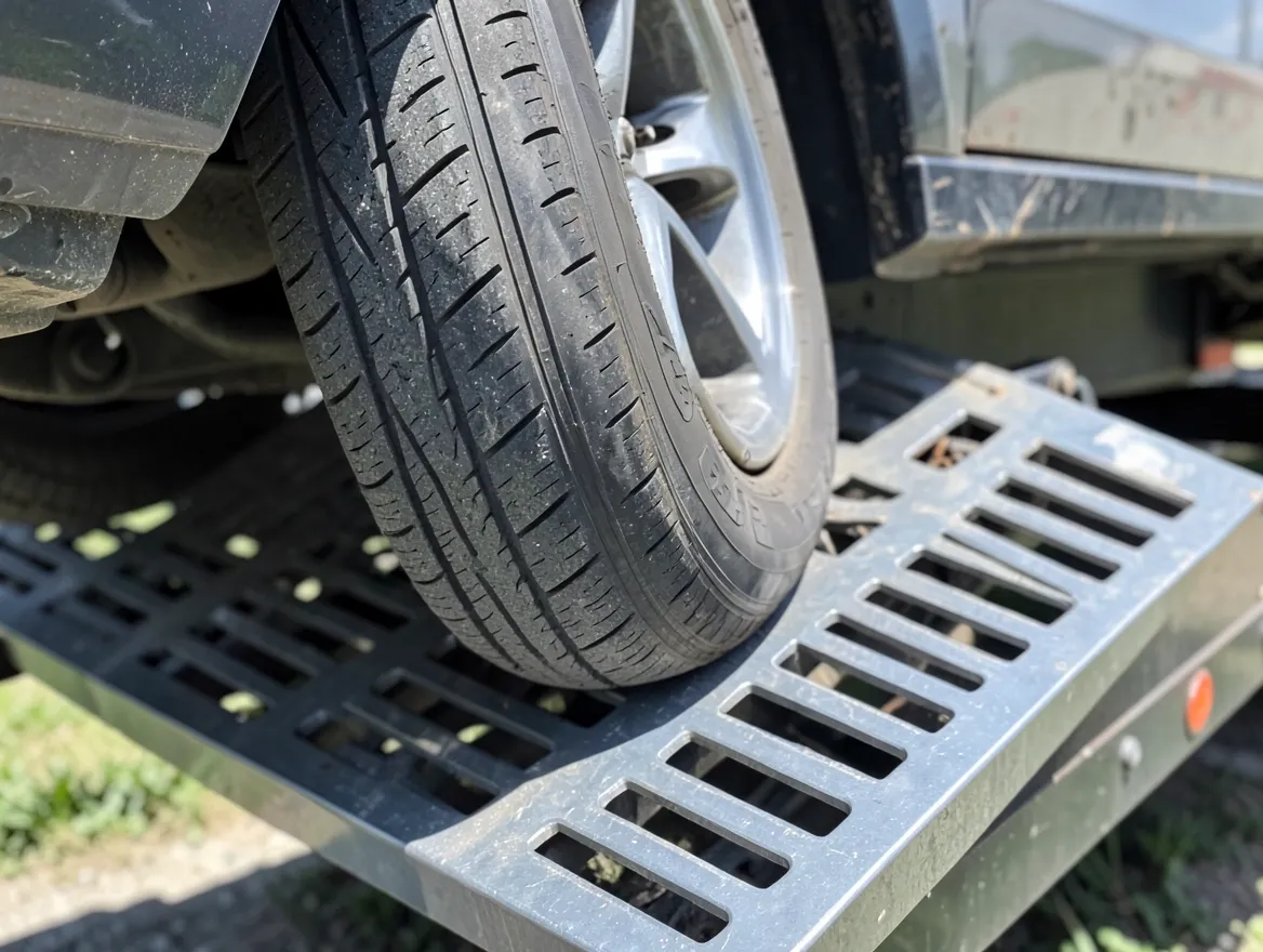 Close-up of a car tire on a metal loading ramp showing the anti-slip tread cutout surface