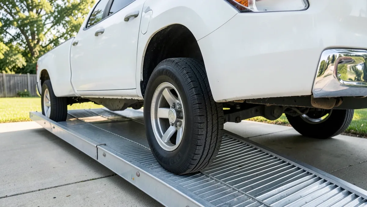 Pickup truck wheel driving up a metal loading ramp onto an open trailer deck