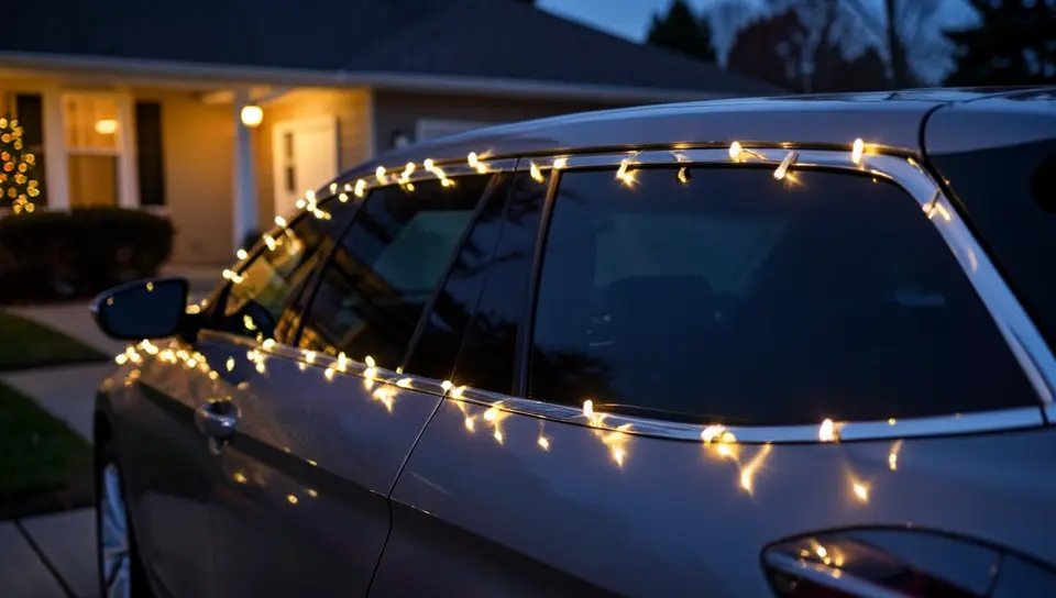 Battery operated Christmas lights clipped along a car rear window and door trim in the evening