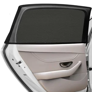Breathable mesh car rear side window sunshade fitted over an open car door for privacy and airflow