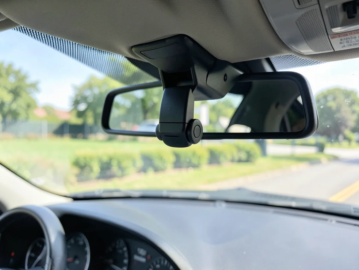 Phone mount clip attached to the rearview mirror bracket stalk, not the windshield glass