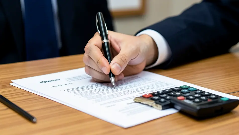 Person signing car loan refinance paperwork with a calculator and car key on the desk