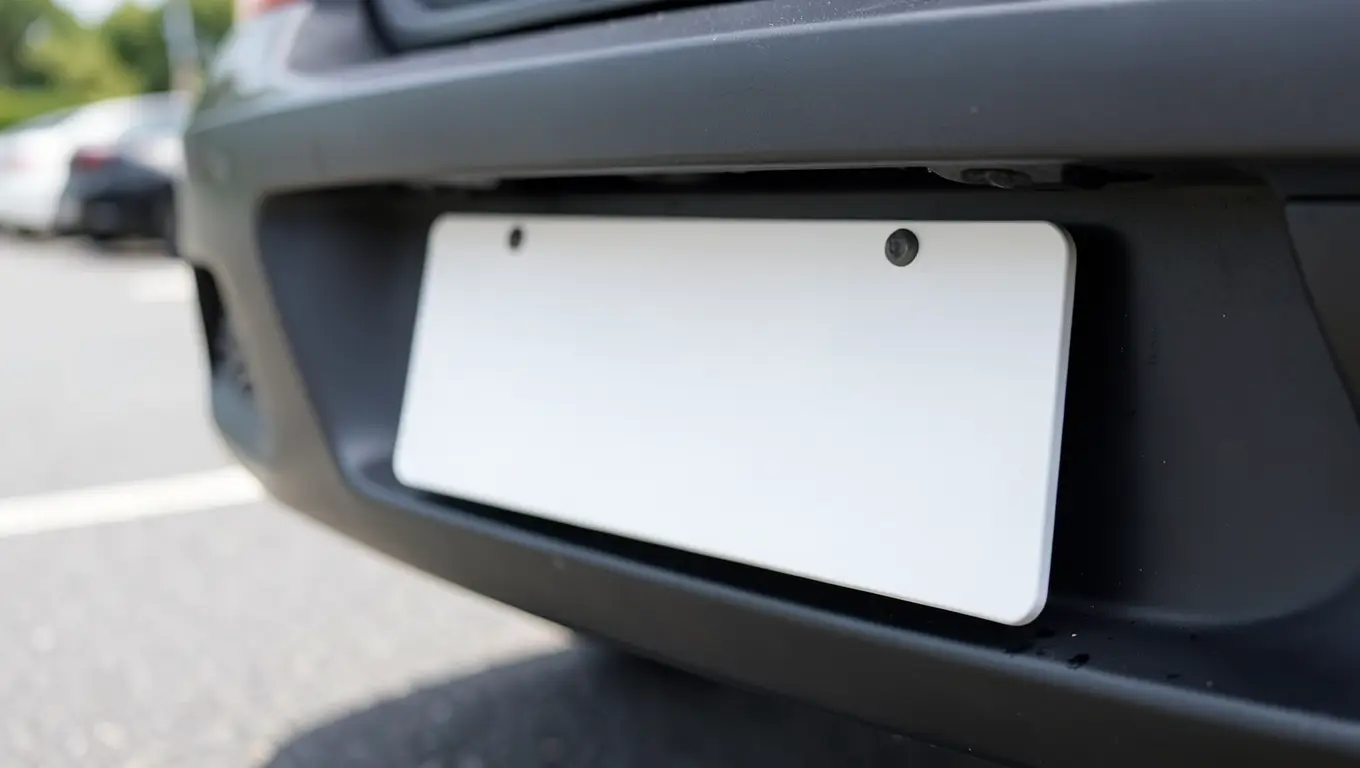 Close-up of a license plate mounted on a car bumper, representing vehicle registration