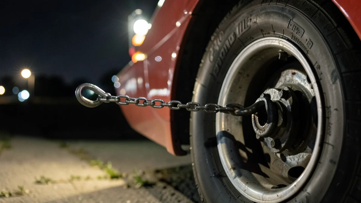 Close-up of a tow chain hooked to a car wheel during a nighttime repossession