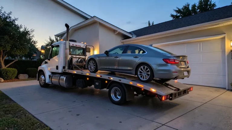 Tow truck loading a repossessed car onto a flatbed in a driveway at dusk
