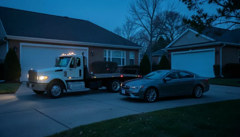 Tow truck hooked up to a repossessed car in a driveway at dusk