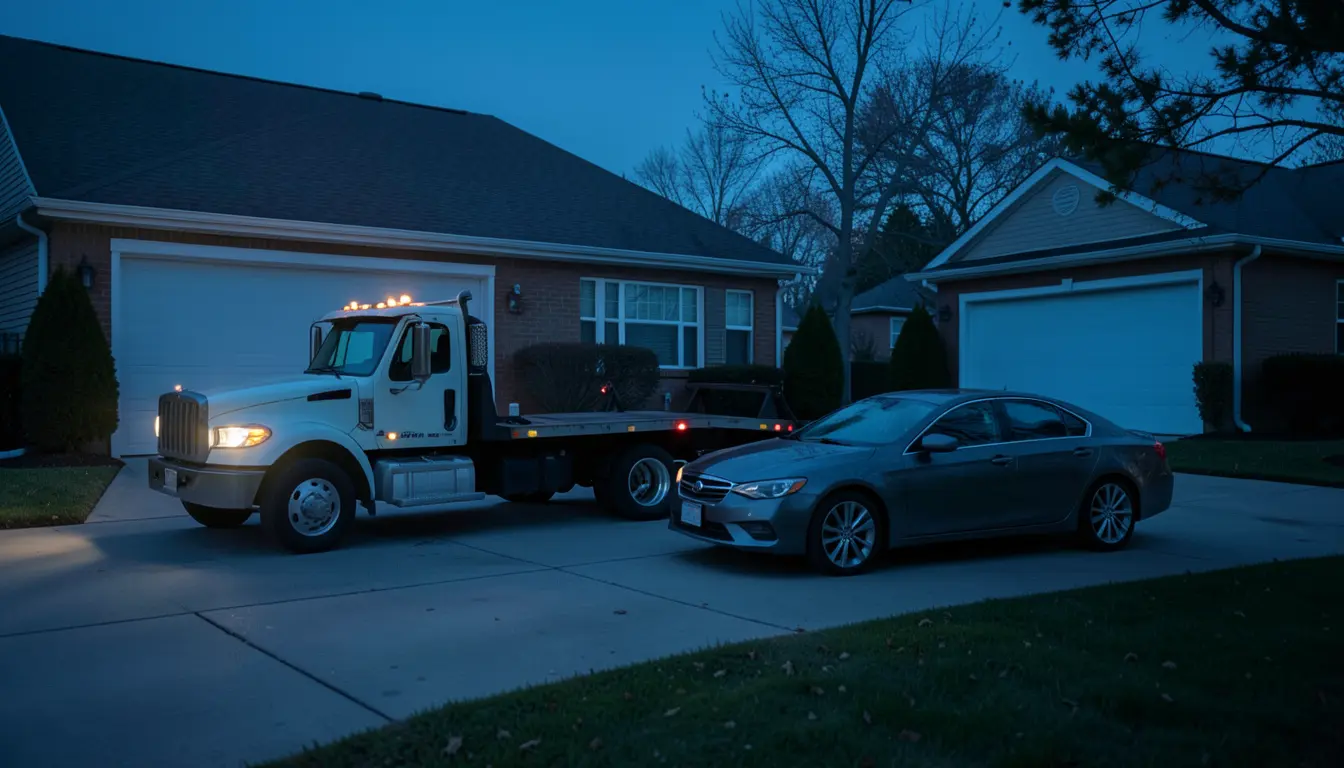 Tow truck hooked up to a repossessed car in a driveway at dusk